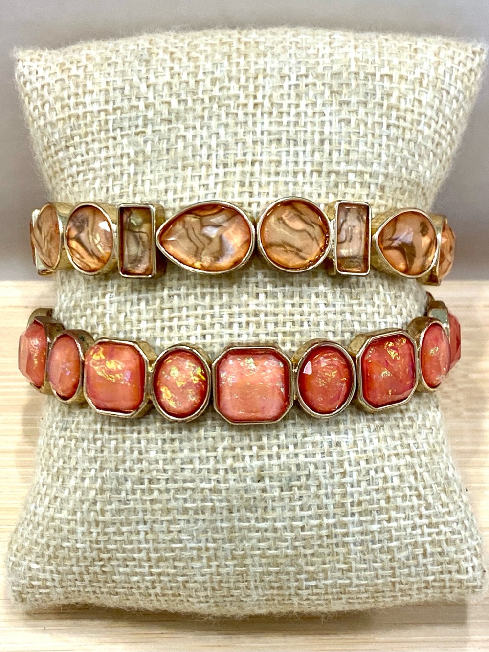 Iridescent Two-Piece Gold-Tone Bracelet Set with Coral Pink Stones